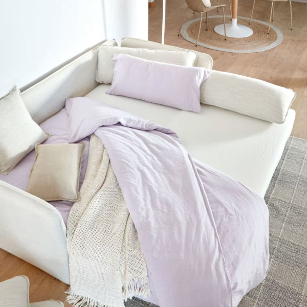 Sofá-cama Tanit branco, pernas de madeira de faia, acabamento natural 210