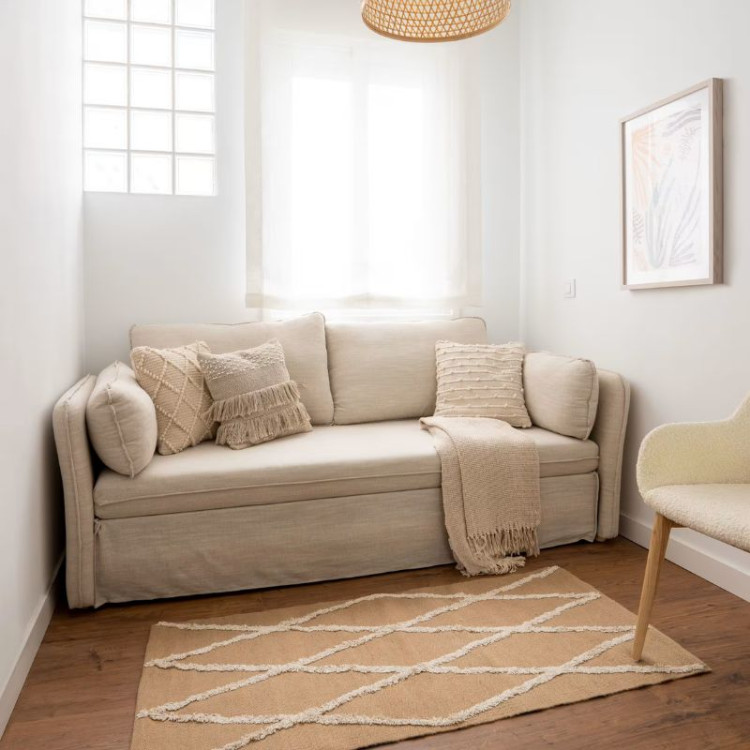 Sofá-cama Tanit branco, pernas de madeira de faia, acabamento natural 210