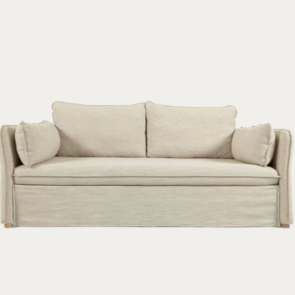 Sofá-cama Tanit branco, pernas de madeira de faia, acabamento natural 210