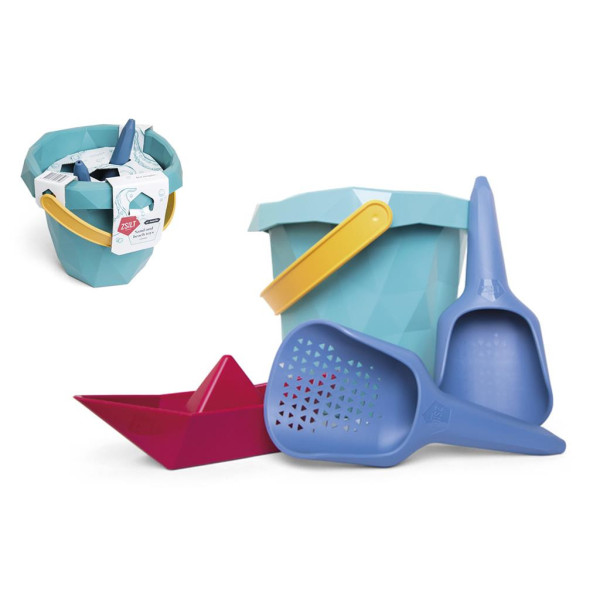 BEACH TOY BUCKET, PASSOIR, SHOVEL AND PLASTIC BOAT