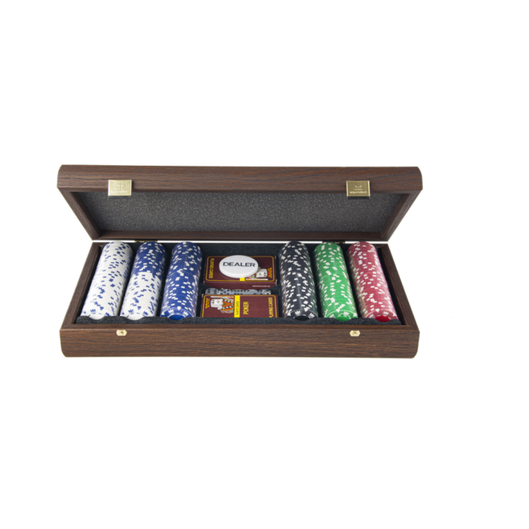 JOGO DE PÓQUER COM CAIXA DE RÉPLICA DE NOGUEIRA MARROM