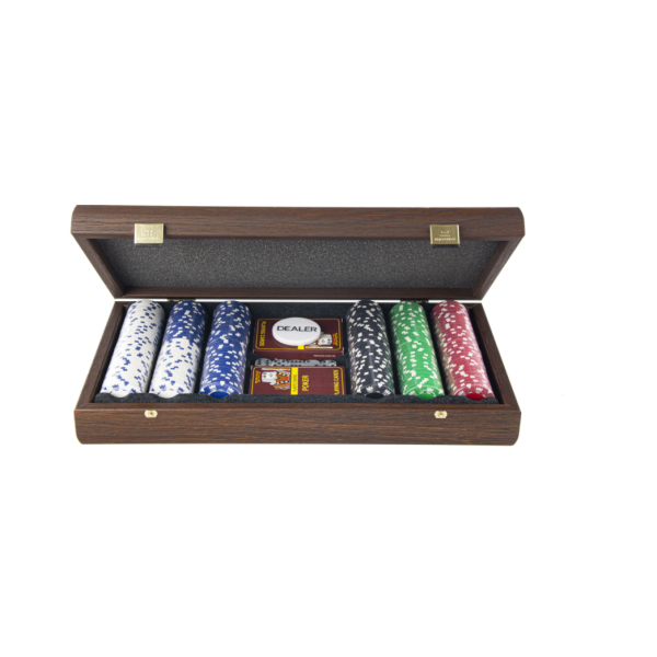 JOGO DE PÓQUER COM CAIXA DE RÉPLICA DE NOGUEIRA MARROM