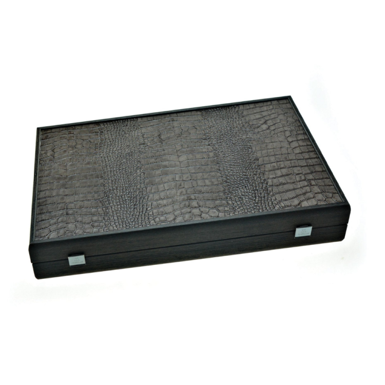 JEU BACKGAMMON CROCODILE EN CUIR NOIR