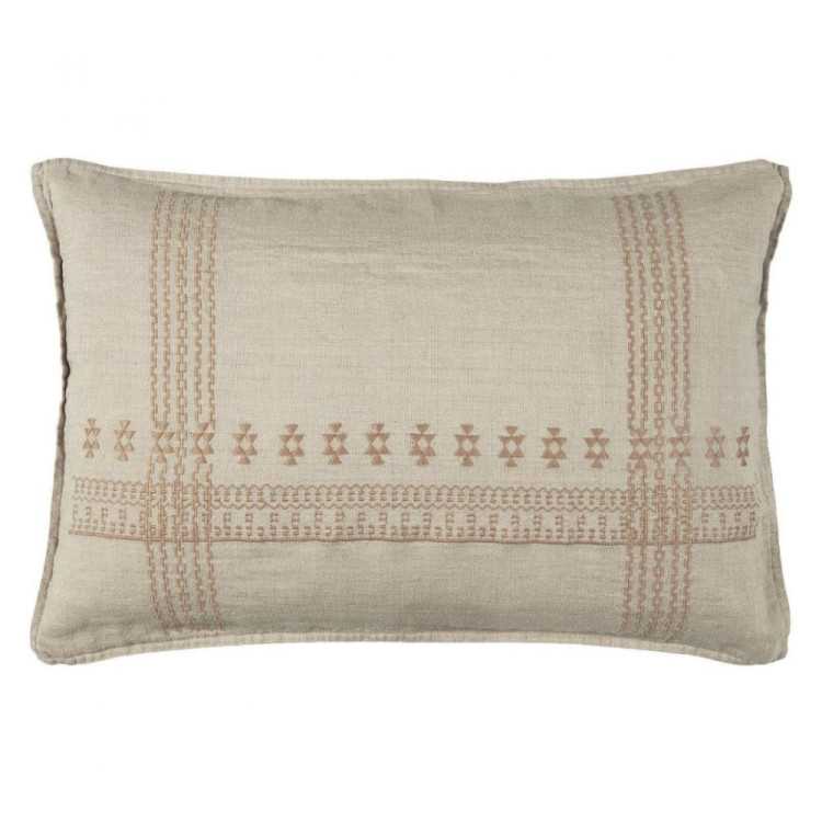 CAPA DE ALMOFADA BORDADA RETANGULAR EM LINHO NATURAL BEGE