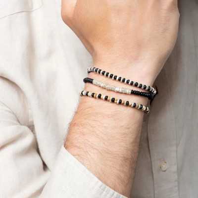 BRACELET STONES MEN PERLES ARGENT ONYX NOIR JASPE