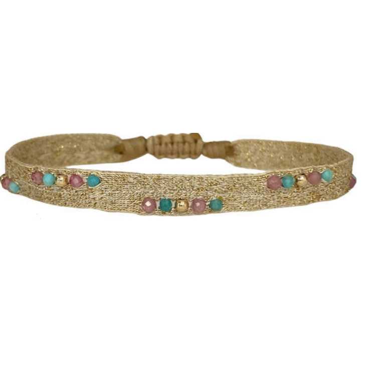 BRACELET IRIS POLYESTER OR TURQUOISE ET TOURMALINE ROSE