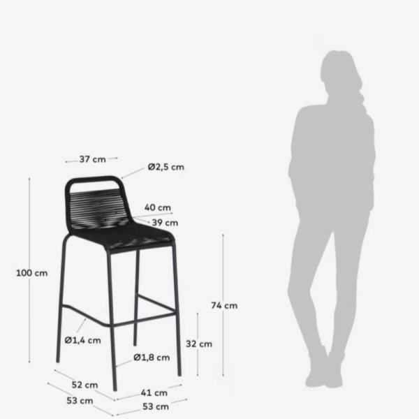 TABOURET LAMBTON EN CORDE MARRON ET ACIER FINITION NOIRE HAUTEUR 74 C