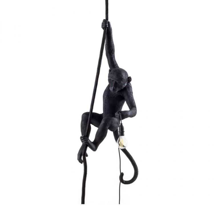 LAMPE SUSPENDU SINGE AVEC CORDE RESINE NOIR
