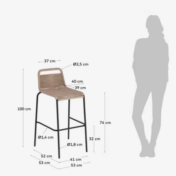 TABOURET LAMBTON EN CORDE MARRON ET ACIER FINITION NOIRE HAUTEUR 74 C