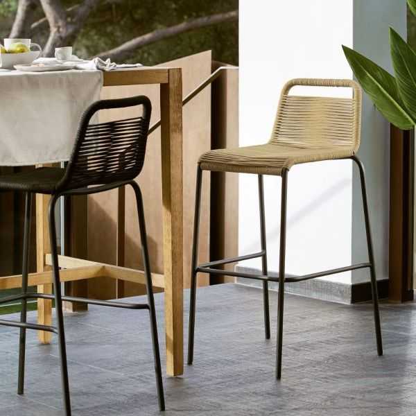 TABOURET LAMBTON EN CORDE MARRON ET ACIER FINITION NOIRE HAUTEUR 74 C