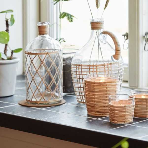 BOUGEOIR VERRE POUR BOUGIE CHAUFFE-PLAT TRESSE EN ROTIN
