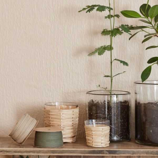 BOUGEOIR VERRE POUR BOUGIE CHAUFFE-PLAT TRESSE EN ROTIN