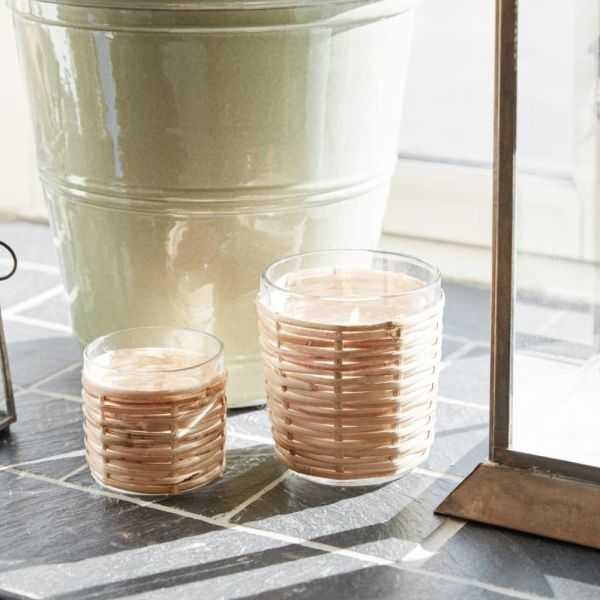 BOUGEOIR VERRE POUR BOUGIE CHAUFFE-PLAT TRESSE EN ROTIN