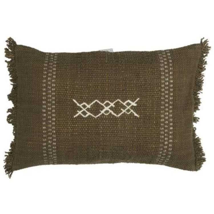 HOUSSE DE COUSSIN SAFI A FRANGES OLIVE ET ECRUE