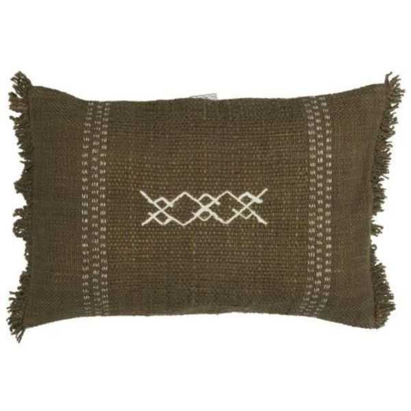 HOUSSE DE COUSSIN SAFI A FRANGES OLIVE ET ECRUE