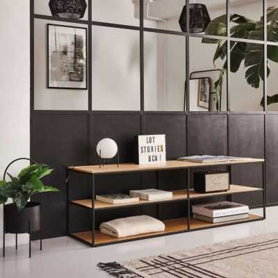 YOANA TV CABINET IN OAK VENEER AND BLACK METAL 160 X 40 CM 2