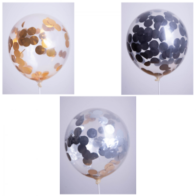 KIT BALLONS 31CM TRANSPARENT CONFETTIS OR/ARGENT ET NOIR (X6)