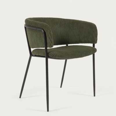 CHAISE RUNNIE EN VELOURS A GROSSES COTES VERT FONCE PIEDS ACIER