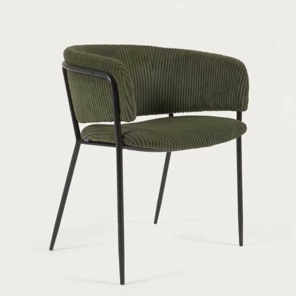 CHAISE RUNNIE EN VELOURS A GROSSES COTES VERT FONCE PIEDS ACIER