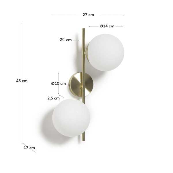 APPLIQUE MAHALA EN ACIER FINITION LAITON AVEC 2 BOULES EN VERRE ÉMAIL