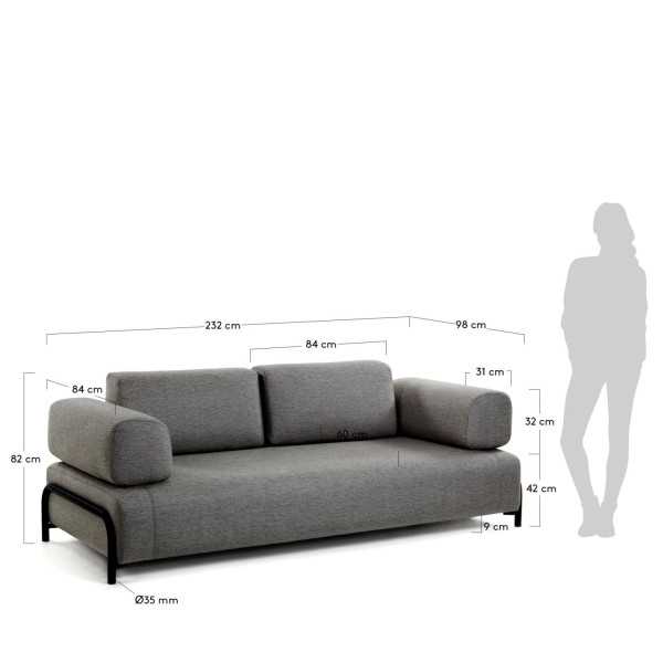 DARK GRAY 3-SEAT COMPO SOFA 232 CM