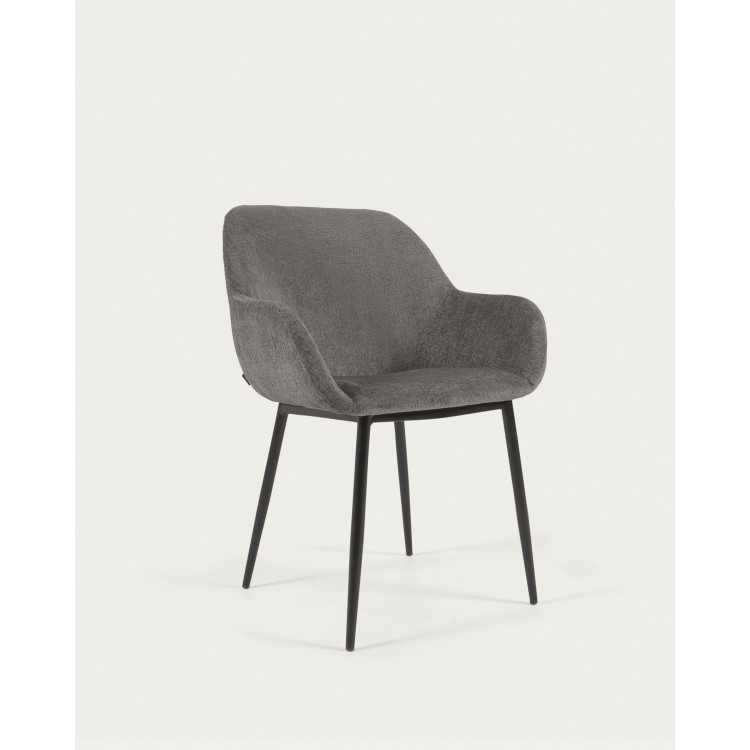 CHAISE KONNA EN CHENILLE GRIS FONCÉ AVEC PIEDS EN ACIER PEINT NOIR