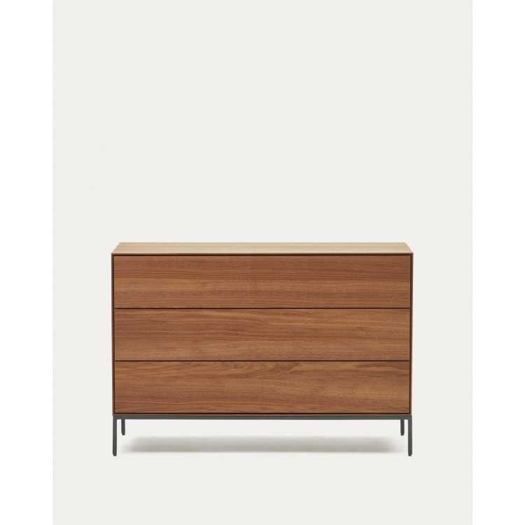 COMMODE VEDRANA 3 TIROIRS PLACAGE DE NOYER ET PIEDS EN ACIER NOIR 110