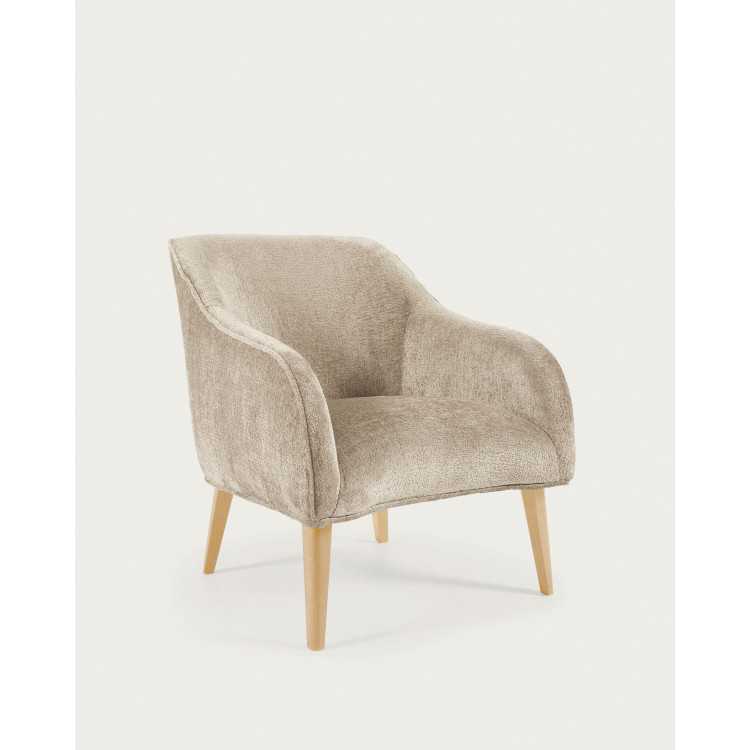 FAUTEUIL BOBLY EN CHENILLE BEIGE ET PIEDS EN BOIS FINITION NATURELLE