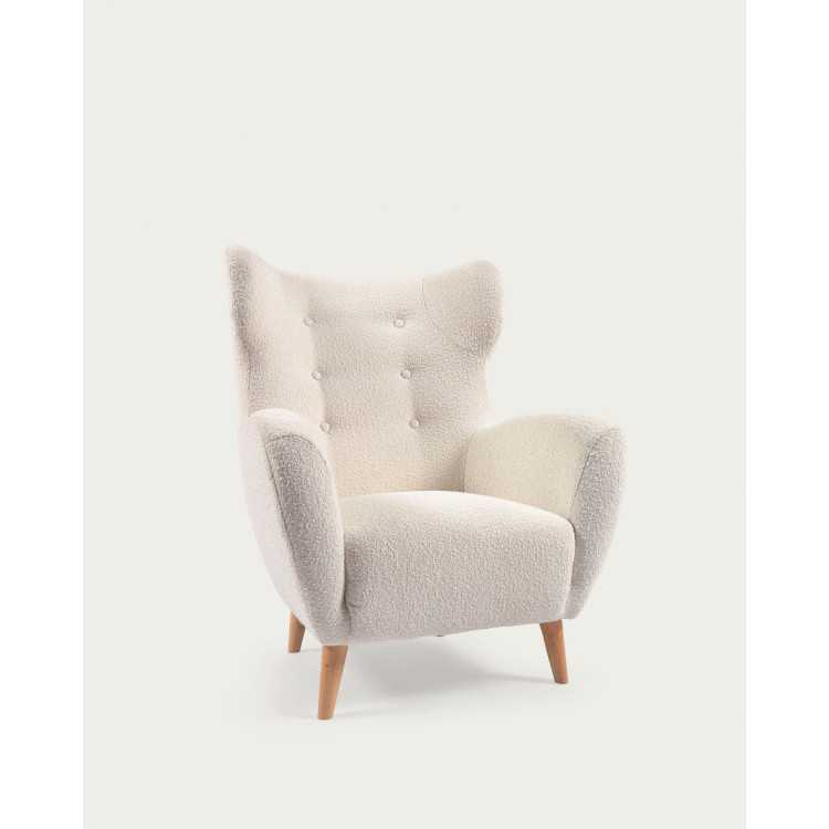 PATIO ARMCHAIR IN WHITE BOUCLETTE WOOL AND NA RUBBERWOOD LEGS