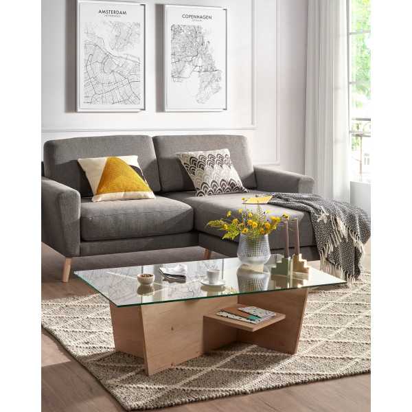 BALWIND GLASS COFFEE TABLE AND OAK...