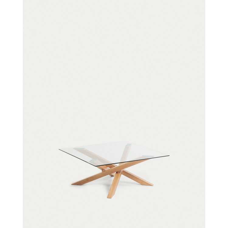 KAMIDO GLASS COFFEE TABLE AND WOOD EFFECT STEEL LEG 90 X 90 CM