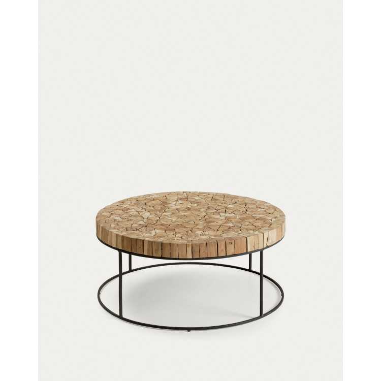MESA DE CENTRO SOLO EM TECA MACIÇA RECICLADA E AÇO PRETO D 80 CM