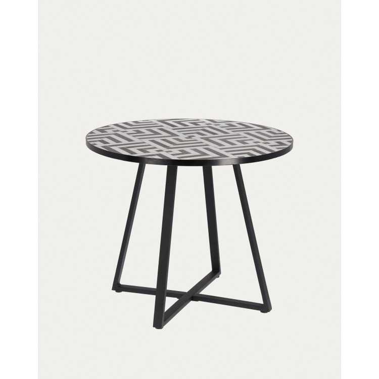 TABLE RONDE TELLA EN CÉRAMIQUE MOTIF BLANC ET NOIR ET PIEDS EN ACIER 