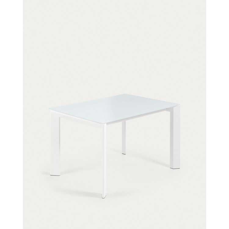 TABLE EXTENSIBLE AXIS 120-180 X 80 CM EN VERRE BLANC ET PIEDS EN ACIER FINITION BLANC