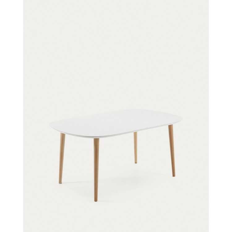 MESA EXTENSÍVEL OQUI MDF LACADO BRANCO E PERNAS DE MADEIRA MACIÇA DE FAIA