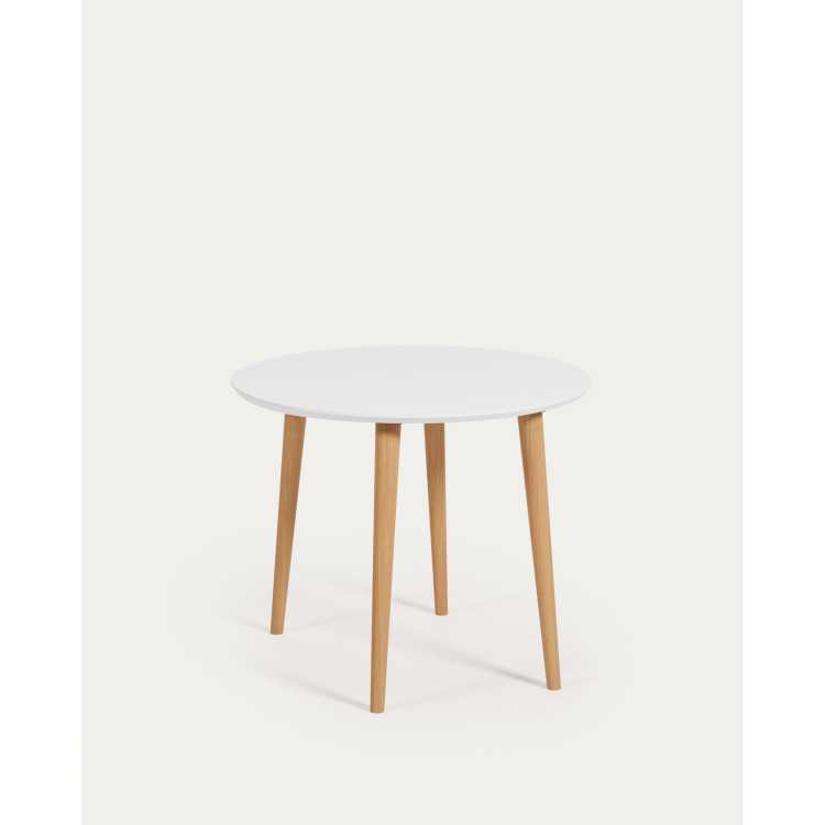 MESA EXTENSÍVEL REDONDA OQUI MDF LACADO BRANCO E PERNAS MADEIRA FAIA 90