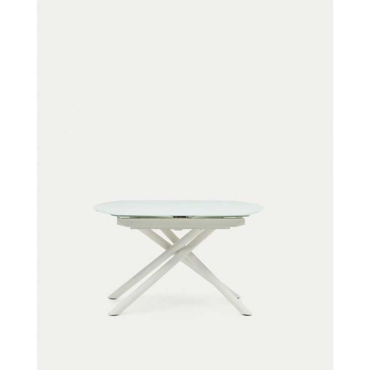 MESA EXTENSÍVEL YODALIA COM VIDRO TEMPERADO E PERNAS DE AÇO COM ACABAMENTO BRANCO