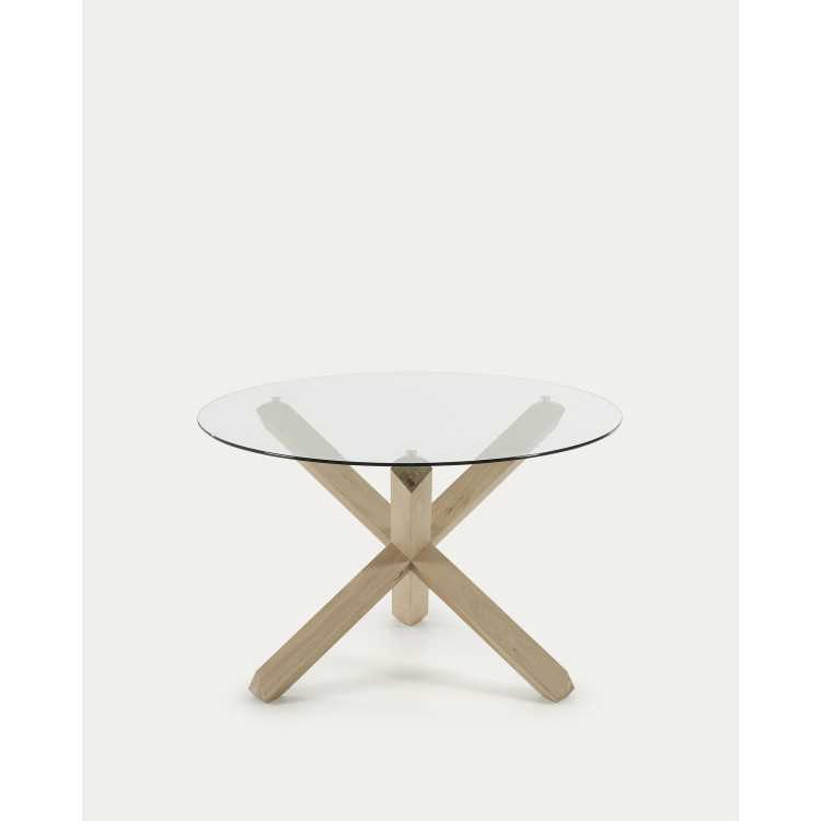 TABLE RONDE LOTUS EN VERRE ET PIEDS EN BOIS DE CHÊNE D 120 CM