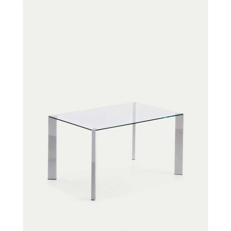 MESA DE VIDRO SPOT E PERNAS DE AÇO ACABADO CROMADO 142 X 92 CM