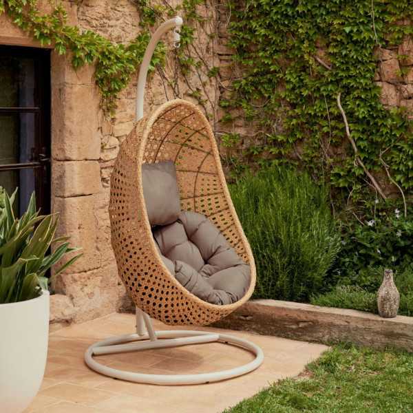 FAUTEUIL SUSPENDU CIRA NATUREL SUR PIED GRIS CLAIR - 2 COLIS
