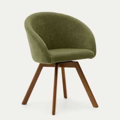 CHAISE GIRATOIRE MARVIN EN CHENILLE VERTE ET PIEDS EN BOIS DE CHÊNE F