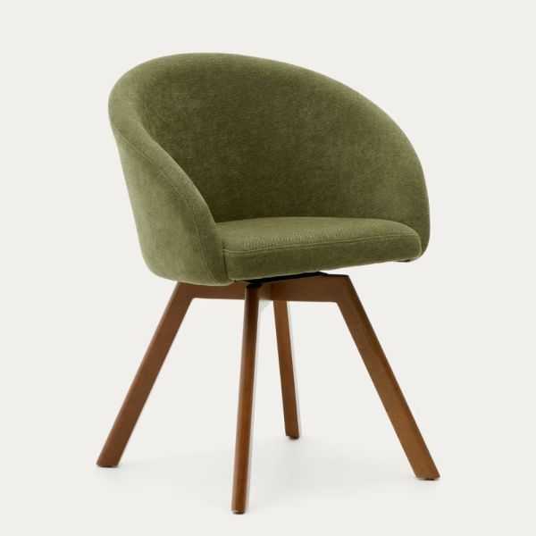 CHAISE GIRATOIRE MARVIN EN CHENILLE VERTE ET PIEDS EN BOIS DE CHÊNE F