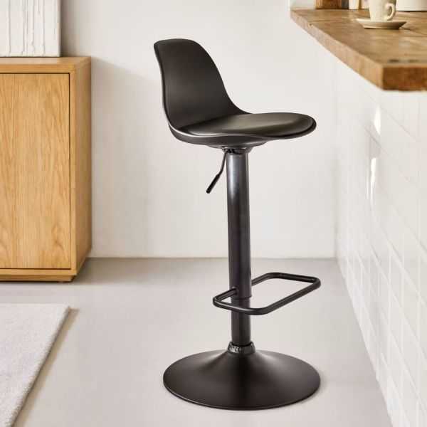 TABOURET ORLANDO - T EN POLYURETHANE NOIR ET ACIER NOIR MAT 60-82 CM