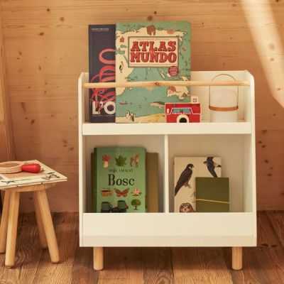 BIBLIOTHEQUE SERWA MDF BLANCPIEDS ET BARRE BOIS PIN 2