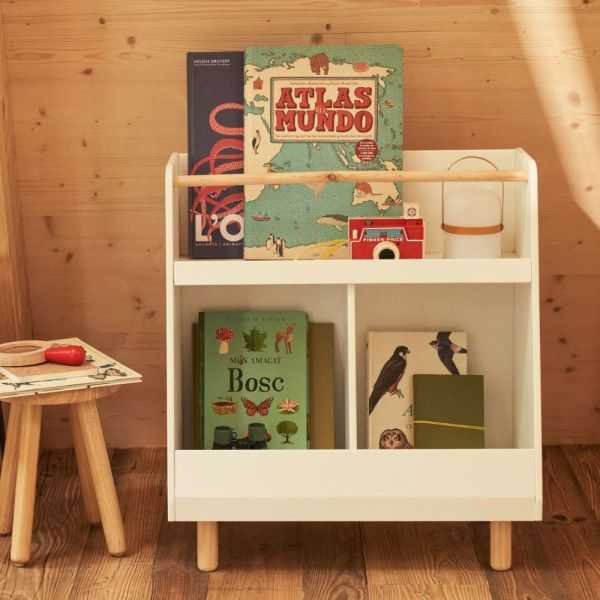 BIBLIOTHEQUE SERWA MDF BLANCPIEDS ET BARRE BOIS PIN