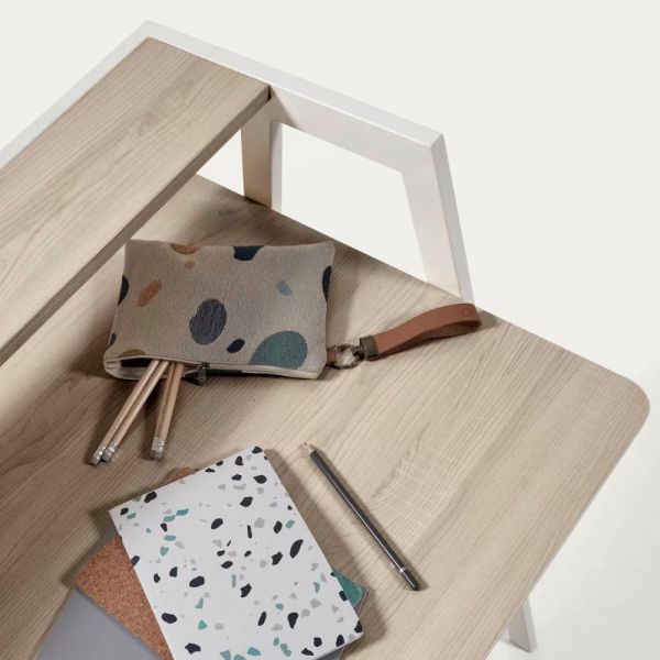 MESA AARHUS EM MELAMINA DE ACABAMENTO NATURAL E PERNAS DE AÇO BRANCO