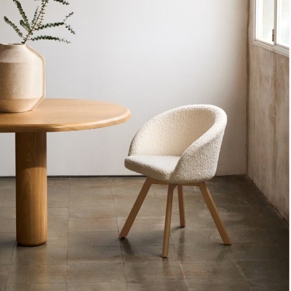 CHAISE GIRATOIRE MARVIN CHENILLE BEIGE FINITION CHÊNE 