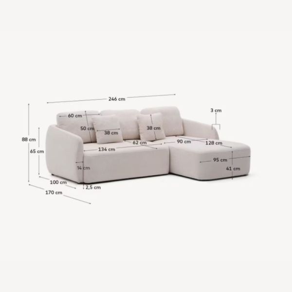 CANAPE - LIT 3 PL LAIRA 246 CM MERIDIENNE DROITE CHENILLE ECRU