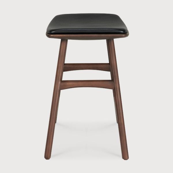 TABOURET OSSO 80 CM TECK BRUN CUIR NOIR FINITION VERNIS