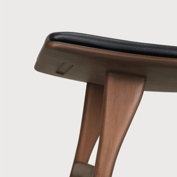 TABOURET OSSO 80 CM TECK BRUN CUIR NOIR FINITION VERNIS